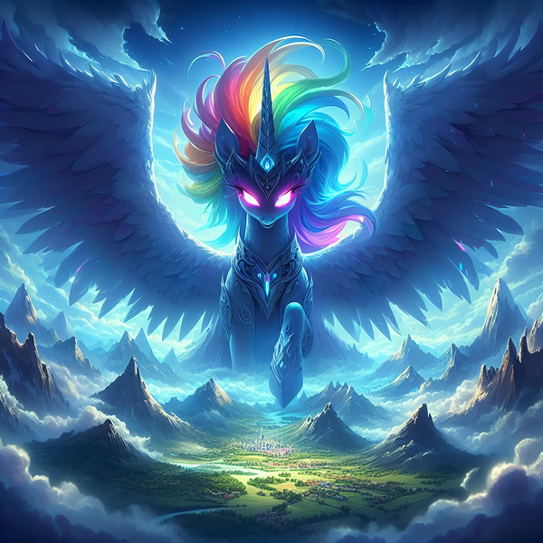 Size: 2048x2048 | Tagged: safe, ai content, derpibooru import, machine learning generated, rainbow dash, alicorn, pony, alicornified, armor, evil, female, g4, generator:bing image creator, giantess, glow, glowing eyes, goddess, image, macro, mountain, multicolored hair, png, prompter:montaraz13, race swap, rainbow hair, rainbowcorn, sky, solo, spread wings, valley, wings