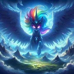 Size: 2048x2048 | Tagged: safe, ai content, derpibooru import, machine learning generated, rainbow dash, alicorn, pony, alicornified, armor, evil, female, g4, generator:bing image creator, giantess, glow, glowing eyes, goddess, image, macro, mountain, multicolored hair, png, prompter:montaraz13, race swap, rainbow hair, rainbowcorn, sky, solo, spread wings, valley, wings