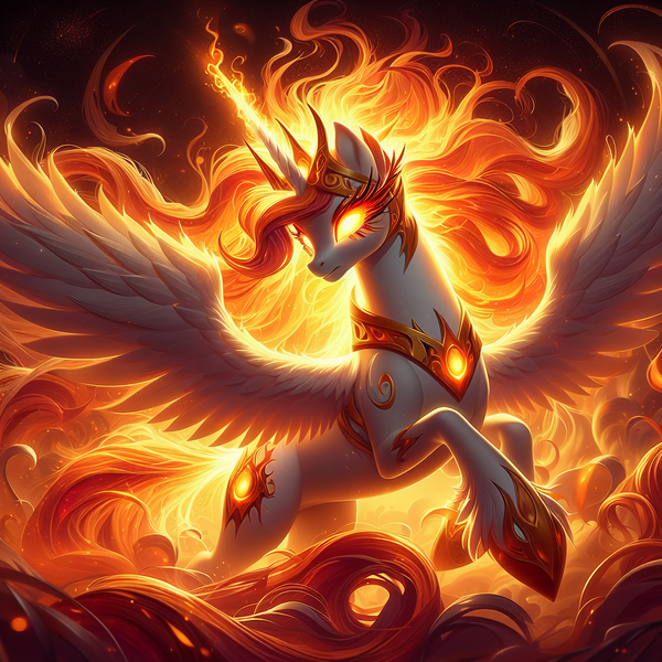 Size: 2048x2048 | Tagged: safe, ai content, derpibooru import, machine learning generated, daybreaker, princess celestia, alicorn, pony, crown, fire, food, g4, generator:bing image creator, glow, glowing eyes, glowing horn, horn, image, jewelry, orange, orange eyes, orange mane, png, prompter:montaraz13, regalia, solo, spread wings, white body, wings