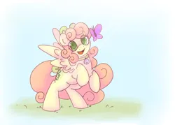 Size: 2800x2000 | Tagged: safe, artist:puppie, derpibooru import, oc, oc:soft sonance, butterfly, insect, pegasus, cute, image, png, simple background, solo