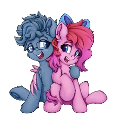 Size: 1300x1456 | Tagged: safe, artist:zeepheru_pone, derpibooru import, oc, oc:kaf, oc:zeph, unofficial characters only, pegasus, pony, derpibooru community collaboration, 2024 community collab, bow, duo, female, glasses, hair bow, hug, image, looking at each other, looking at someone, male, mare, png, stallion