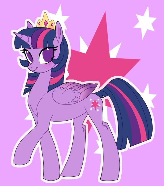 Size: 1322x1497 | Tagged: safe, artist:frowoppy, derpibooru import, twilight sparkle, twilight sparkle (alicorn), alicorn, pony, unicorn, female, image, jpeg, my little pony, parent:twilight sparkle, purple background, purple eyes, simple background, solo, sparkles, unicorn twilight