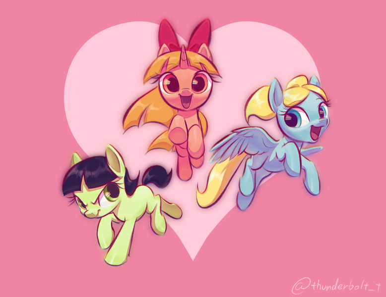Size: 1227x946 | Tagged: safe, artist:tttthunderbolt, derpibooru import, ponified, earth pony, pegasus, pony, blossom (powerpuff girls), bubbles (powerpuff girls), buttercup (powerpuff girls), female, heart, heart background, image, mare, open mouth, open smile, png, smiling, the powerpuff girls, trio