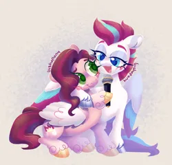 Size: 2061x1977 | Tagged: safe, artist:bishopony, derpibooru import, pipp petals, zipp storm, pegasus, pony, g5, blush scribble, blushing, colored pupils, female, hoof around neck, hoof hold, image, jpeg, lidded eyes, looking at each other, looking at someone, magnetic hooves, mare, microphone, open mouth, open smile, redraw, royal sisters (g5), siblings, signature, sisters, smiling, smiling at each other