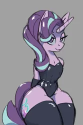 Size: 1358x2048 | Tagged: safe, artist:mare_enjoyer, derpibooru import, starlight glimmer, anthro, unicorn, butt, clothes, g4, glimmer glutes, gloves, gray background, huge butt, huge thighs, image, large butt, latex, latex gloves, latex socks, latex suit, png, simple background, socks, solo