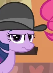 Size: 310x428 | Tagged: safe, derpibooru import, edit, edited screencap, screencap, pinkie pie, twilight sparkle, earth pony, pony, unicorn, mmmystery on the friendship express, annoyed, bowler hat, cropped, hat, heart, image, jpeg, solo focus, twilight sparkle is best facemaker, twilight sparkle is not amused, unamused, unicorn twilight