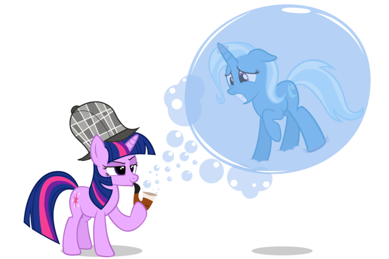 Size: 2250x1500 | Tagged: safe, artist:detectivefrankie, artist:navitaserussirus, derpibooru import, edit, vector edit, trixie, twilight sparkle, pony, unicorn, blowing bubbles, bubble, bubble pipe, deerstalker, detective, detective twilight, duo, duo female, female, g4, hat, hilarious in hindsight, image, pipe, png, sherlock holmes, sherlock sparkle, simple background, soap bubble, transparent background, trapped, unicorn twilight, vector