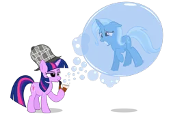 Size: 2250x1500 | Tagged: safe, artist:detectivefrankie, artist:navitaserussirus, derpibooru import, edit, vector edit, trixie, twilight sparkle, pony, unicorn, blowing bubbles, bubble, bubble pipe, deerstalker, detective, duo, duo female, female, g4, hat, hilarious in hindsight, image, pipe, png, sherlock holmes, sherlock sparkle, simple background, soap bubble, transparent background, trapped, unicorn twilight, vector