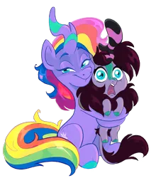 Size: 1407x1600 | Tagged: safe, artist:askometa, derpibooru import, oc, oc:askometa, unofficial characters only, kirin, pony, unicorn, derpibooru community collaboration, 2024 community collab, duo, female, g4, image, kirin oc, looking at you, mare, multicolored hair, png, rainbow hair, screaming, simple background, sitting, small, smiling, smiling at you, smirk, transparent background