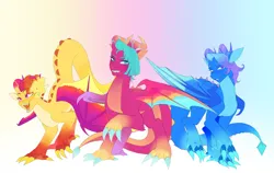 Size: 4258x2695 | Tagged: safe, artist:aztrial, derpibooru import, dragon, g5, blaize skysong, dragoness, female, fountain (g5), gradient background, image, luxxe, png, trio, trio female