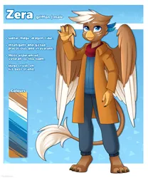 Size: 3478x4185 | Tagged: safe, artist:madelinne, derpibooru import, oc, unofficial characters only, gryphon, clothes, griffon oc, image, leonine tail, png, reference sheet, scarf, solo, tail