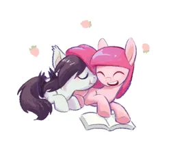 Size: 1058x1000 | Tagged: safe, artist:tttthunderbolt, derpibooru import, bat pony, pony, adventure time, book, cuddling, duo, female, image, lesbian, marceline, open mouth, open smile, pink hair, pink mane, png, princess bubblegum, shipping, simple background, smiling, teeth, white background