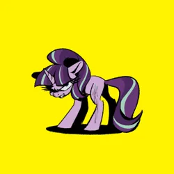 Size: 1000x1000 | Tagged: safe, artist:tttthunderbolt, derpibooru import, starlight glimmer, pony, unicorn, angry, cutie mark, image, pink coat, png, purple mane, simple background, yellow background