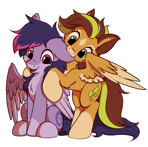 Size: 4144x4102 | Tagged: safe, artist:amazona, artist:omi, derpibooru import, oc, oc:omi, oc:rayuu, unofficial characters only, pegasus, pony, derpibooru community collaboration, 2024 community collab, biting, collaboration, duo, ear bite, female, image, male, png, simple background, smiling, transparent background