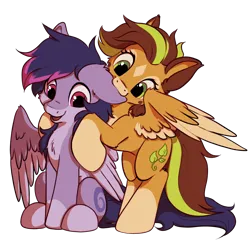 Size: 4144x4102 | Tagged: safe, artist:amazona, artist:omi, derpibooru import, oc, oc:omi, oc:rayuu, unofficial characters only, pegasus, pony, derpibooru community collaboration, 2024 community collab, biting, collaboration, duo, ear bite, female, image, male, png, simple background, smiling, transparent background