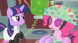 Size: 1920x1079 | Tagged: episode needed, suggestive, edit, edited screencap, editor:anonymous, screencap, pinkie pie, twilight sparkle, earth pony, pony, unicorn, /mlp/ latex requests, bondage, clothes, gloves, golden oaks library, hypno eyes, image, lab coat, latex, latex gloves, library, liquid latex, machinery, png, restraints, twilight's lab, unicorn twilight