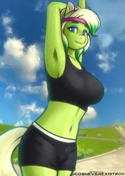 Size: 2893x4093 | Tagged: safe, artist:jcosneverexisted, derpibooru import, anthro, pony, g5, armpits, clothes, female, image, jpeg, looking at you, mare, minty (g5), shorts, solo, sports bra, sports shorts, stretching, sweatband