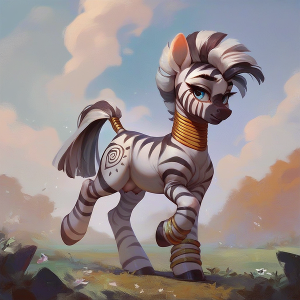 Size: 1024x1024 | Tagged: prompter needed, questionable, ai content, derpibooru import, machine learning generated, stable diffusion, oc, unofficial characters only, zebra, blue eyes, bracelet, crotchboobs, derpibooru exclusive, female, generator:pony diffusion v6 xl, generator:purplesmart.ai, image, jewelry, looking sideways, neck rings, nudity, outdoors, png, raised tail, ring, solo, solo female, tail, tail ring, teats, three quarter view, trotting, walking, zebra oc
