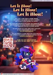 Size: 827x1169 | Tagged: safe, artist:amaichix, derpibooru import, princess luna, alicorn, pony, comic:let it blow! let it blow! let it blow!, advertisement, bell, blushing, bow, candy, candy cane, chibi, christmas, christmas outfit, clothes, female, food, g4, holiday, image, information, looking at you, mare, png, solo, solo female, wings