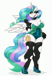Size: 2825x4096 | Tagged: suggestive, artist:flutterthrash, derpibooru import, princess celestia, alicorn, anthro, plantigrade anthro, breasts, busty princess celestia, cleavage, clothes, cosplay, costume, eyeshadow, female, high heels, horn, image, implied queen chrysalis, jpeg, leotard, lidded eyes, looking at you, makeup, shoes, simple background, smiling, socks, solo, solo female, stockings, thigh highs, white background, wings