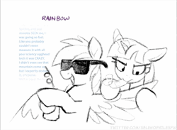 Size: 1114x816 | Tagged: safe, artist:selenophile, derpibooru import, pinkie pie, rainbow dash, twilight sparkle, :p, animated, annoyed, dialogue, image, silly, sunglasses, text, tongue out, webm