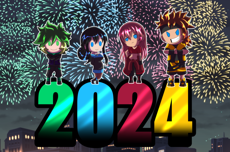 Size: 6760x4474 | Tagged: safe, artist:cmacx, derpibooru import, spike, oc, oc:hikari (spike chronicles), oc:scarlet (spike chronicles), oc:takeo, human, 2024, building, fireworks, happy new year 2024, humanized, image, png