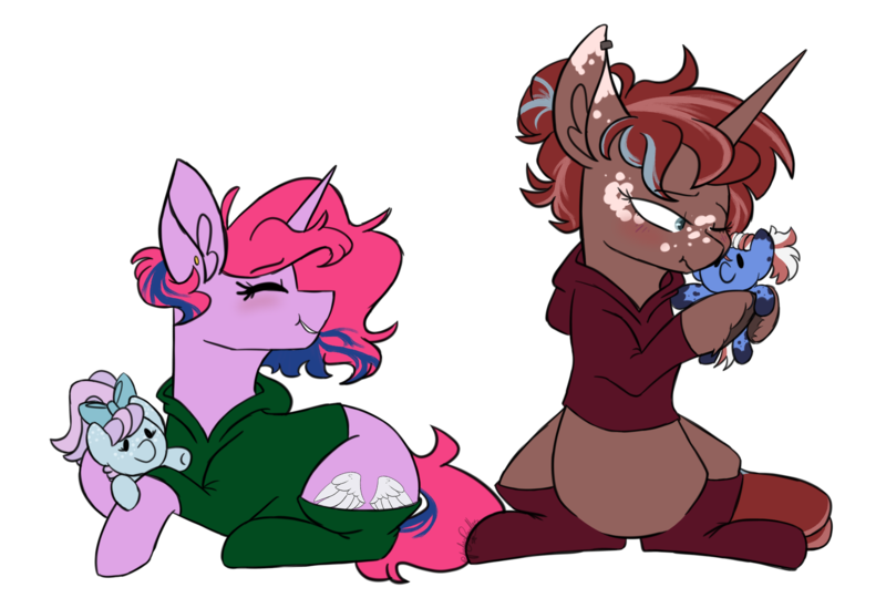 Size: 1812x1222 | Tagged: safe, artist:minty25, derpibooru import, oc, oc:barnburner, oc:iris breeze, oc:lilac, oc:vincent friturier, pegasus, pony, unicorn, derpibooru community collaboration, 2024 community collab, blushing, clothes, commission, ear piercing, earring, female, freckles, grin, hoodie, image, jewelry, lesbian, lying down, male, mare, markings, multicolored hair, oc x oc, one eye closed, piercing, plushie, png, prone, shipping, simple background, sitting, smiling, socks, stallion, straight, transparent background