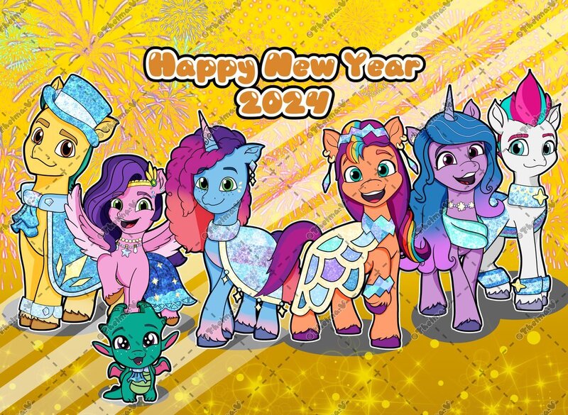 Size: 1200x878 | Tagged: safe, artist:thelmavillagra, derpibooru import, hitch trailblazer, izzy moonbow, pipp petals, sparky sparkeroni, sunny starscout, zipp storm, dragon, earth pony, pegasus, pony, unicorn, g5, female, happy new year, happy new year 2024, holiday, image, jpeg, male, mare, misty brightdawn, stallion