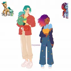 Size: 2048x2048 | Tagged: safe, artist:cryweas, derpibooru import, hitch trailblazer, sparky sparkeroni, dragon, earth pony, human, pony, unicorn, g5, alternate hairstyle, clothes, coat, converse, cornrows, dark skin, denim, duo, ear piercing, earring, eyeshadow, father and child, father and son, female, freckles, hoodie, humanized, image, jeans, jewelry, jpeg, makeup, male, mare, markings, mcdonald's, midriff, misty brightdawn, necklace, pants, piercing, rebirth misty, shirt, shoes, simple background, socks, stallion, t-shirt, unshorn fetlocks, white background