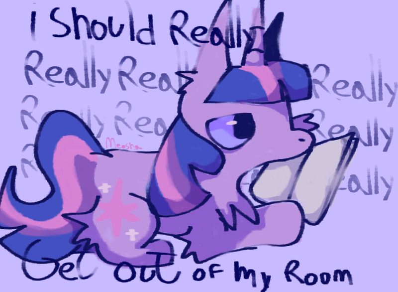 Size: 1262x924 | Tagged: safe, artist:ponyenjoer, derpibooru import, twilight sparkle, fluffy pony, pony, unicorn, book, g4, image, jpeg, lying down, simple background, solo, text, unicorn twilight