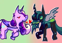 Size: 1879x1315 | Tagged: safe, artist:ponyenjoer, derpibooru import, princess cadance, queen chrysalis, alicorn, changeling, changeling queen, pony, blushing, chest fluff, duo, eyes closed, female, g4, heart, image, infidelity, jpeg, lesbian, ship:cadalis, shipping, smiling, tongue out