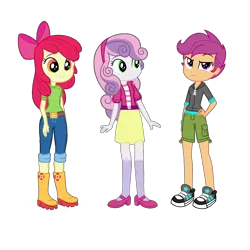 Size: 3840x3840 | Tagged: safe, artist:mlpfan3991, derpibooru import, apple bloom, scootaloo, sweetie belle, human, equestria girls, adorabloom, apple bloom's bow, belt, boots, bow, clothes, cute, cutealoo, denim, dress, female, g4, hair bow, hand on hip, image, jeans, pants, png, preteen, shirt, shoes, short pants, shorts, simple background, smiling, socks, tennis shoes, tomboy, transparent background, trio, trio female, vector