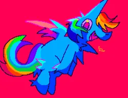 Size: 1576x1206 | Tagged: safe, artist:ponyenjoer, derpibooru import, rainbow dash, earth pony, fluffy pony, pony, flying, g4, image, jpeg, looking at you, open mouth, pixel art, red background, simple background, smiling, solo