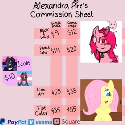 Size: 1080x1080 | Tagged: safe, artist:alexandrafire, derpibooru import, fluttershy, oc, oc:flaming azalea, pegasus, unicorn, advertisement, commission info, g4, image, png