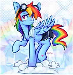 Size: 1881x1924 | Tagged: safe, artist:hecctwo, derpibooru import, rainbow dash, pegasus, pony, clothes, cloud, goggles, image, jpeg, shorts, solo, sweat, sweatdrop, towel