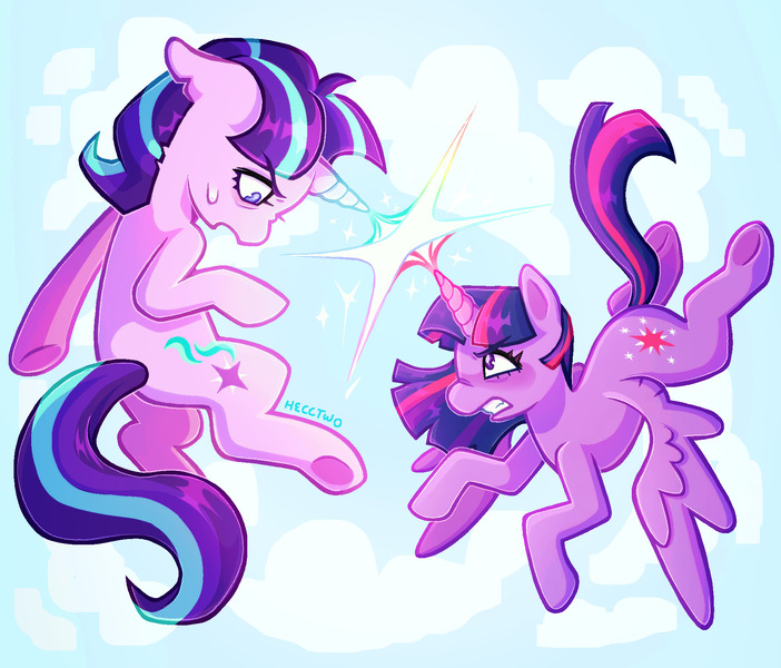 Size: 1920x1641 | Tagged: safe, artist:hecctwo, derpibooru import, starlight glimmer, twilight sparkle, twilight sparkle (alicorn), alicorn, pony, unicorn, angry, duo, fight, flying, frown, image, jpeg, looking at each other, looking at someone, magic, open mouth, s5 starlight, spread wings, sweat, sweatdrop, wings