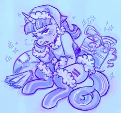 Size: 1971x1836 | Tagged: safe, artist:hecctwo, derpibooru import, starlight glimmer, pony, unicorn, angry, blushing, christmas, clothes, equal cutie mark, frown, hat, holiday, image, jpeg, looking at you, present, s5 starlight, santa hat, sitting, socks, solo, stockings, thigh highs