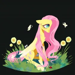 Size: 1080x1080 | Tagged: safe, artist:ksghracpav, derpibooru import, fluttershy, butterfly, insect, ladybug, pegasus, pony, black background, feathered fetlocks, female, flower, folded wings, g4, grass, image, jpeg, looking up, mare, simple background, sitting, solo, wavy mane, wings