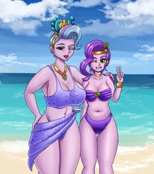 Size: 1600x1800 | Tagged: suggestive, artist:zachc, derpibooru import, pipp petals, queen haven, human, equestria girls, g5, beach, bikini, breasts, busty pipp petals, busty queen haven, clothes, commission, duo, female, hand on hip, image, jewelry, looking at you, milf, one eye closed, open mouth, open smile, peace sign, png, smiling, swimsuit