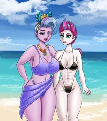 Size: 1600x1800 | Tagged: suggestive, alternate version, artist:zachc, derpibooru import, queen haven, zipp storm, human, equestria girls, g5, abs, beach, bikini, breasts, busty queen haven, busty zipp storm, clothes, commission, duo, female, hand on hip, image, jewelry, looking at you, milf, muscles, muscular female, one eye closed, open mouth, open smile, png, smiling, swimsuit