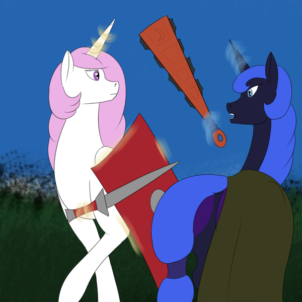 Size: 2000x2000 | Tagged: safe, artist:saint boniface, derpibooru import, nightmare moon, princess celestia, alicorn, pony, g4, image, macuahuitl, png, sword, weapon