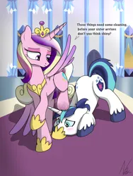 Size: 3000x4000 | Tagged: suggestive, artist:noomeralf, derpibooru import, princess cadance, shining armor, alicorn, pony, unicorn, blushing, clothes, crystal empire, dirty hooves, domination, eyeshadow, female, femdom, fetish, g4, hoof fetish, hoof on head, hoof shoes, image, makeup, png, shoes, smelling, smelly, smelly hooves, speech bubble, sweat, text, throne room, worship