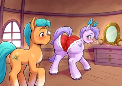 Size: 4250x3009 | Tagged: suggestive, artist:kokobiel, derpibooru import, hitch trailblazer, queen haven, earth pony, pegasus, pony, g5, blushing, butt, candle, clothes, dock, duo, fanfic art, female, image, male, mare, mirror, panties, plot, png, stallion, tail, underwear