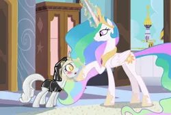 Size: 1610x1080 | Tagged: suggestive, edit, edited screencap, editor:anonymous, screencap, princess celestia, rarity, alicorn, pony, unicorn, sweet and elite, /mlp/ latex requests, bdsm, blushing, chastity, chastity belt, clothes, conversion, dressing up, horn, horn ring, hypnosis, image, jpeg, latex, latex socks, latex suit, magic suppression, nun outfit, nun rarity, ring, socks