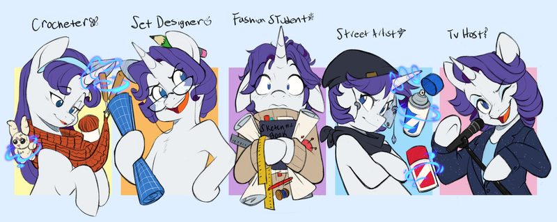 Size: 6880x2744 | Tagged: safe, artist:chub-wub, derpibooru import, rarity, pony, unicorn, alternate universe, bandana, beanie, blueprint, book, clothes, cute, ear piercing, earring, eyeshadow, female, glasses, glow, glowing horn, hat, horn, image, jewelry, jpeg, knitting, magic, makeup, mare, measuring tape, microphone, one eye closed, open mouth, pencil, personality swap, piercing, raribetes, solo, species swap, spray can, spray paint, suit, sweater, wink
