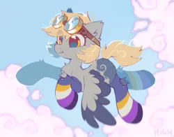 Size: 2048x1602 | Tagged: safe, artist:mirtash, derpibooru import, derpy hooves, pegasus, pony, alternate hairstyle, alternate name, alternate universe, chest fluff, clothes, cloud, cute, derpabetes, ear fluff, eye clipping through hair, flying, g4, goggles, goggles on head, image, markings, mouthpiece, nonbinary, nonbinary pride flag, outdoors, png, pride, pride flag, pride socks, redesign, sky, socks, solo, spread wings, striped socks, striped underwear, underwear, wings