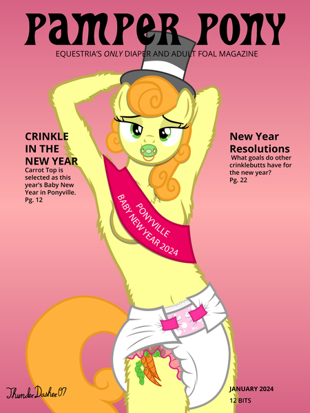 Size: 1200x1600 | Tagged: questionable, artist:thunderdasher07, derpibooru import, part of a set, carrot top, golden harvest, anthro, earth pony, unguligrade anthro, series:pamper pony, abdl, adult foal, arm behind head, arm fluff, baby new year, bedroom eyes, belly button, braless, breasts, busty carrot top, chest fluff, clothes, diaper, diaper fetish, ear fluff, female, fetish, g4, gradient background, hat, image, leg fluff, magazine cover, non-baby in diaper, pacifier, part of a series, partial nudity, png, poofy diaper, sash, signature, solo, strategically covered, top hat, topless, waist fluff