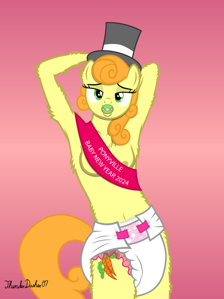 Size: 1200x1600 | Tagged: questionable, alternate version, artist:thunderdasher07, derpibooru import, part of a set, carrot top, golden harvest, anthro, earth pony, unguligrade anthro, series:pamper pony, abdl, adult foal, arm behind head, arm fluff, baby new year, bedroom eyes, belly button, braless, breasts, busty carrot top, chest fluff, clothes, diaper, diaper fetish, ear fluff, erect nipples, female, fetish, g4, gradient background, hat, image, leg fluff, magazine cover, nipple outline, nipple slip, nipples, non-baby in diaper, nudity, pacifier, part of a series, partial nudity, png, poofy diaper, sash, signature, solo, strategically covered, top hat, topless, waist fluff, wardrobe malfunction