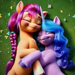 Size: 4096x4096 | Tagged: safe, ai content, derpibooru import, machine learning generated, prompter:catu, stable diffusion, izzy moonbow, sunny starscout, pony, unicorn, g5, chest fluff, cuddling, cute, daaaaaaaaaaaw, eyes closed, female, generator:pony diffusion v6 xl, generator:purplesmart.ai, hug, image, izzybetes, lesbian, lying down, png, ship:moonscout, shipping, smiling, sunnybetes