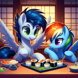 Size: 1024x1024 | Tagged: safe, ai content, derpibooru import, machine learning generated, prompter:*rainbow dash*, rainbow dash, soarin', chopsticks, female, food, g4, generator:bing image creator, image, male, meat, png, ponies eating meat, shipping, soarindash, straight, sushi